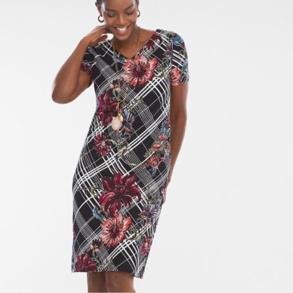 Chico's Dress Ponte Black Dark Floral Plaid Office Business Career Large Petite - Picture 1 of 10